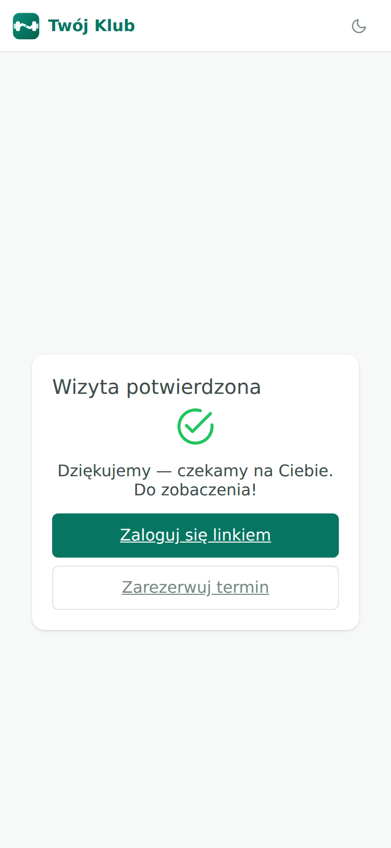 Ekran telefonu z komunikatem „Wizyta potwierdzona” i przyciskami logowania oraz rezerwacji kolejnego terminu.