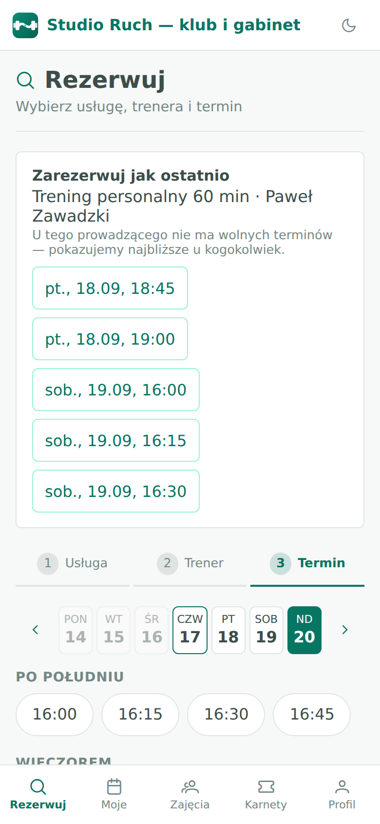 Ekran telefonu: pasek dni tygodnia i lista wolnych godzin po południu.